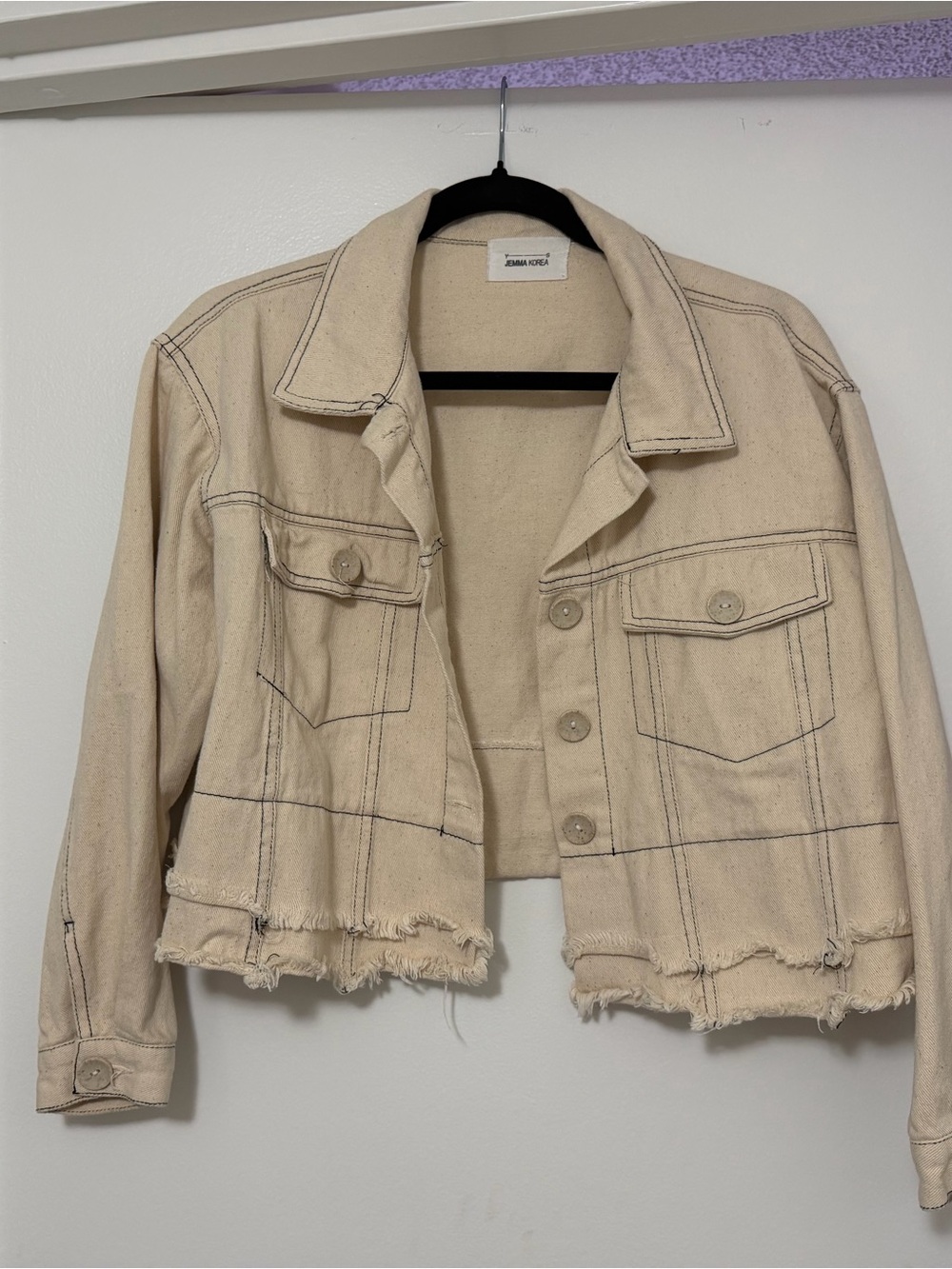 Cream Cropped Distressed Raw-Hem Denim Jacket
